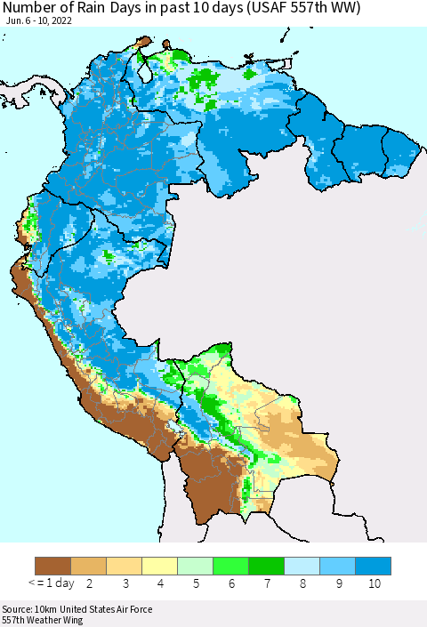 Northern South America Number of Rain Days in past 10 days (USAF 557th WW) Thematic Map For 6/6/2022 - 6/10/2022