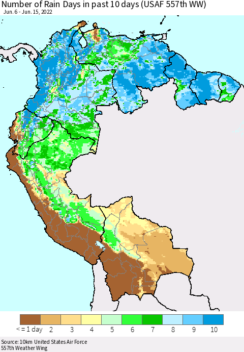Northern South America Number of Rain Days in past 10 days (USAF 557th WW) Thematic Map For 6/11/2022 - 6/15/2022