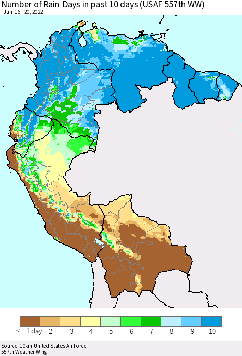 Northern South America Number of Rain Days in past 10 days (USAF 557th WW) Thematic Map For 6/16/2022 - 6/20/2022