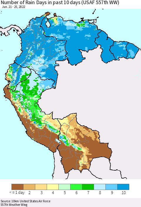 Northern South America Number of Rain Days in past 10 days (USAF 557th WW) Thematic Map For 6/21/2022 - 6/25/2022