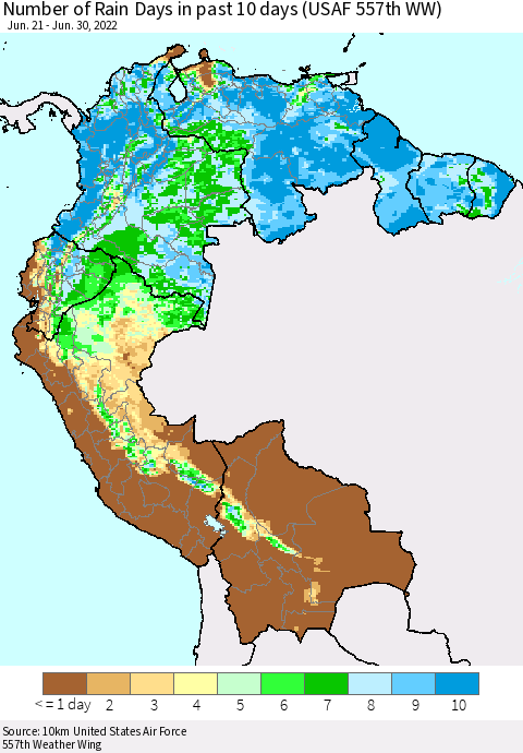 Northern South America Number of Rain Days in past 10 days (USAF 557th WW) Thematic Map For 6/26/2022 - 6/30/2022