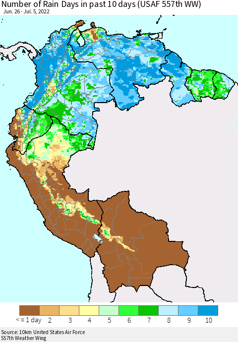 Northern South America Number of Rain Days in past 10 days (USAF 557th WW) Thematic Map For 7/1/2022 - 7/5/2022