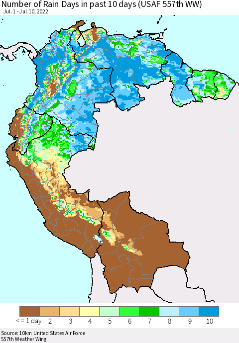 Northern South America Number of Rain Days in past 10 days (USAF 557th WW) Thematic Map For 7/6/2022 - 7/10/2022