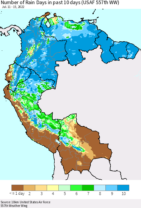 Northern South America Number of Rain Days in past 10 days (USAF 557th WW) Thematic Map For 7/11/2022 - 7/15/2022