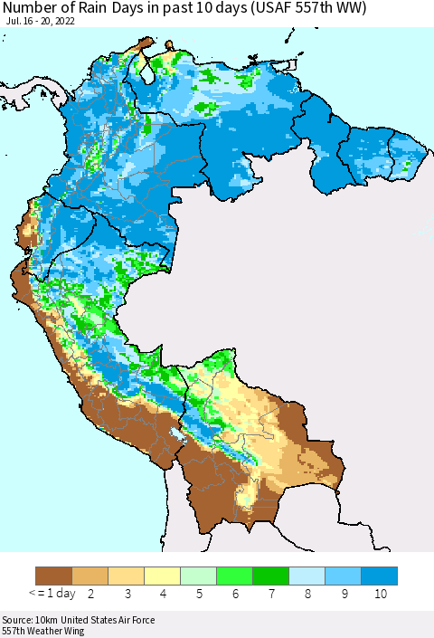 Northern South America Number of Rain Days in past 10 days (USAF 557th WW) Thematic Map For 7/16/2022 - 7/20/2022