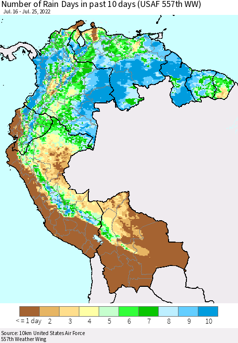 Northern South America Number of Rain Days in past 10 days (USAF 557th WW) Thematic Map For 7/21/2022 - 7/25/2022