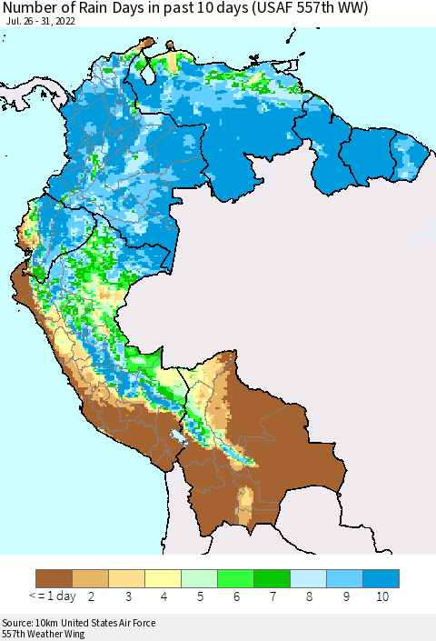 Northern South America Number of Rain Days in past 10 days (USAF 557th WW) Thematic Map For 7/26/2022 - 7/31/2022