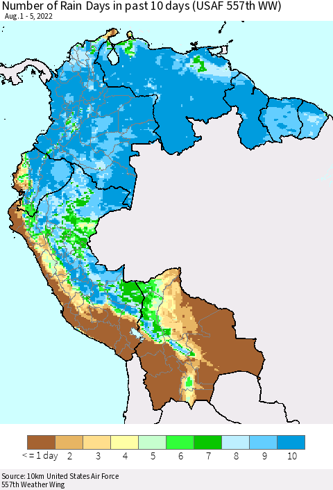Northern South America Number of Rain Days in past 10 days (USAF 557th WW) Thematic Map For 8/1/2022 - 8/5/2022