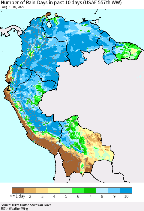 Northern South America Number of Rain Days in past 10 days (USAF 557th WW) Thematic Map For 8/6/2022 - 8/10/2022