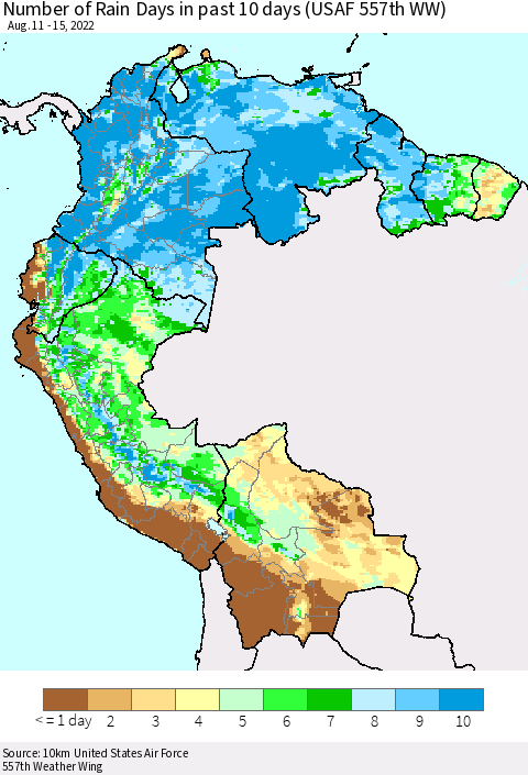 Northern South America Number of Rain Days in past 10 days (USAF 557th WW) Thematic Map For 8/11/2022 - 8/15/2022