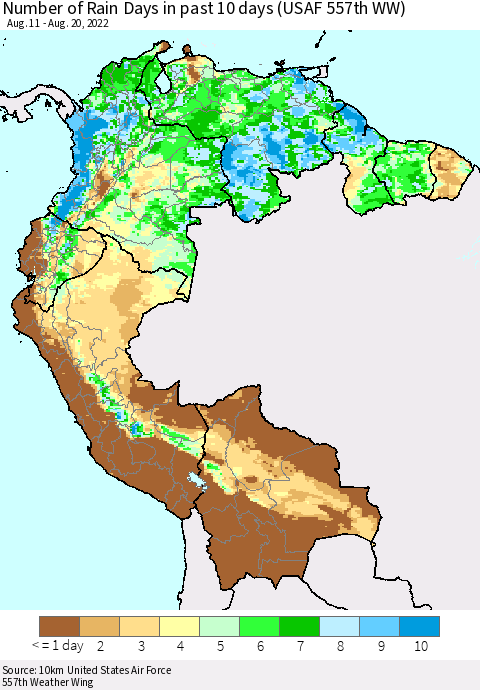 Northern South America Number of Rain Days in past 10 days (USAF 557th WW) Thematic Map For 8/16/2022 - 8/20/2022