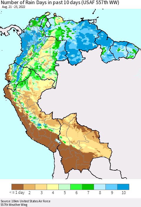 Northern South America Number of Rain Days in past 10 days (USAF 557th WW) Thematic Map For 8/21/2022 - 8/25/2022