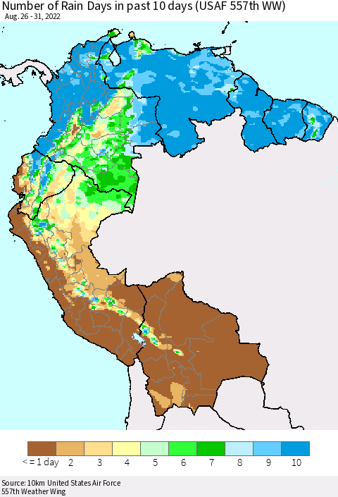 Northern South America Number of Rain Days in past 10 days (USAF 557th WW) Thematic Map For 8/26/2022 - 8/31/2022