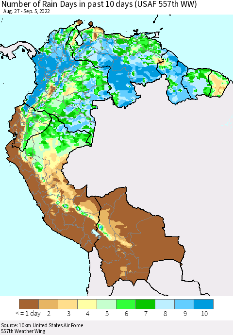 Northern South America Number of Rain Days in past 10 days (USAF 557th WW) Thematic Map For 9/1/2022 - 9/5/2022