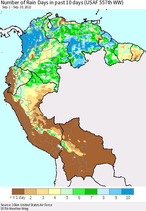Northern South America Number of Rain Days in past 10 days (USAF 557th WW) Thematic Map For 9/6/2022 - 9/10/2022