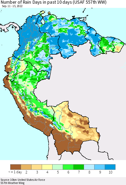 Northern South America Number of Rain Days in past 10 days (USAF 557th WW) Thematic Map For 9/11/2022 - 9/15/2022