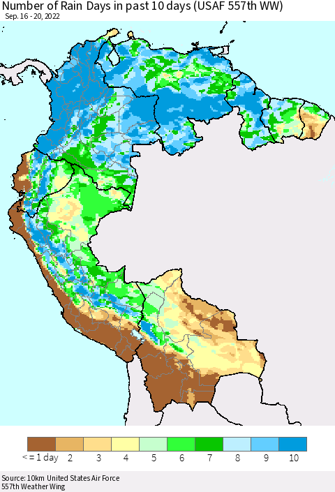Northern South America Number of Rain Days in past 10 days (USAF 557th WW) Thematic Map For 9/16/2022 - 9/20/2022