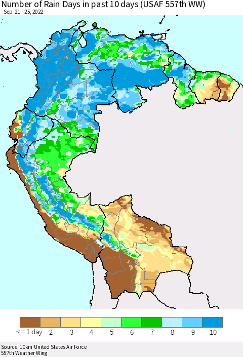 Northern South America Number of Rain Days in past 10 days (USAF 557th WW) Thematic Map For 9/21/2022 - 9/25/2022