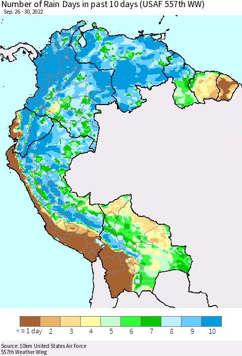 Northern South America Number of Rain Days in past 10 days (USAF 557th WW) Thematic Map For 9/26/2022 - 9/30/2022