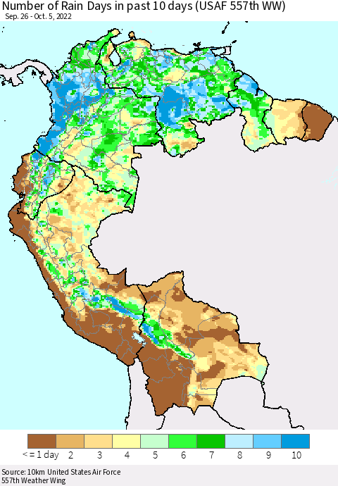 Northern South America Number of Rain Days in past 10 days (USAF 557th WW) Thematic Map For 10/1/2022 - 10/5/2022