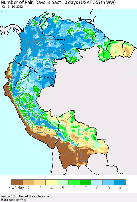 Northern South America Number of Rain Days in past 10 days (USAF 557th WW) Thematic Map For 10/6/2022 - 10/10/2022