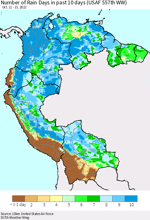 Northern South America Number of Rain Days in past 10 days (USAF 557th WW) Thematic Map For 10/11/2022 - 10/15/2022