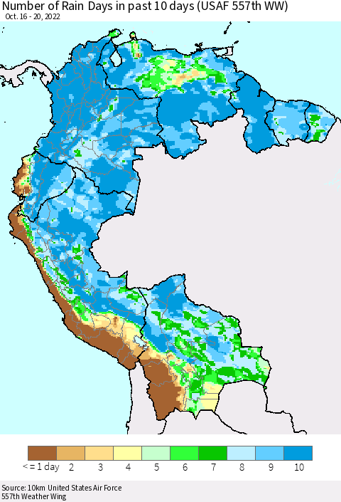 Northern South America Number of Rain Days in past 10 days (USAF 557th WW) Thematic Map For 10/16/2022 - 10/20/2022