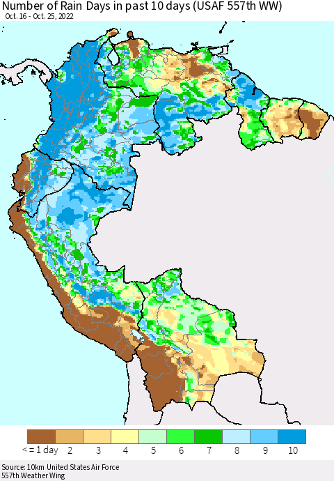 Northern South America Number of Rain Days in past 10 days (USAF 557th WW) Thematic Map For 10/21/2022 - 10/25/2022