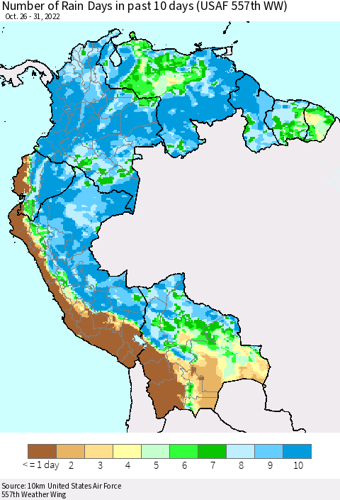 Northern South America Number of Rain Days in past 10 days (USAF 557th WW) Thematic Map For 10/26/2022 - 10/31/2022