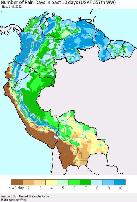 Northern South America Number of Rain Days in past 10 days (USAF 557th WW) Thematic Map For 11/1/2022 - 11/5/2022