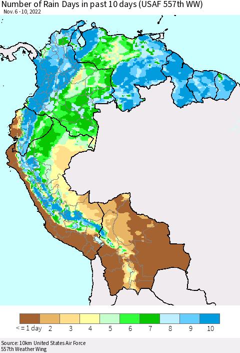 Northern South America Number of Rain Days in past 10 days (USAF 557th WW) Thematic Map For 11/6/2022 - 11/10/2022
