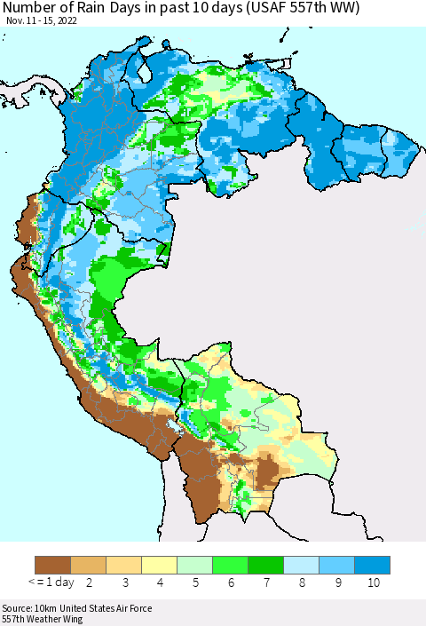 Northern South America Number of Rain Days in past 10 days (USAF 557th WW) Thematic Map For 11/11/2022 - 11/15/2022