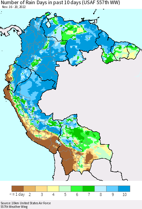 Northern South America Number of Rain Days in past 10 days (USAF 557th WW) Thematic Map For 11/16/2022 - 11/20/2022