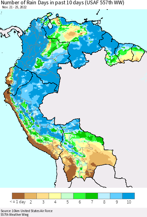 Northern South America Number of Rain Days in past 10 days (USAF 557th WW) Thematic Map For 11/21/2022 - 11/25/2022