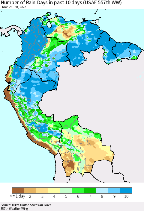 Northern South America Number of Rain Days in past 10 days (USAF 557th WW) Thematic Map For 11/26/2022 - 11/30/2022