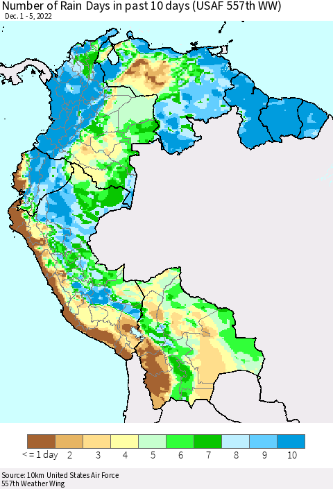 Northern South America Number of Rain Days in past 10 days (USAF 557th WW) Thematic Map For 12/1/2022 - 12/5/2022
