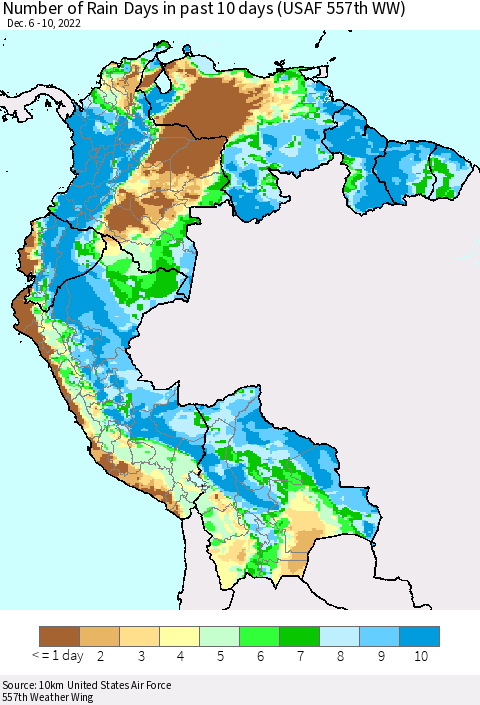 Northern South America Number of Rain Days in past 10 days (USAF 557th WW) Thematic Map For 12/6/2022 - 12/10/2022