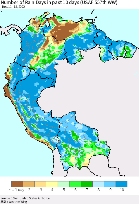 Northern South America Number of Rain Days in past 10 days (USAF 557th WW) Thematic Map For 12/11/2022 - 12/15/2022