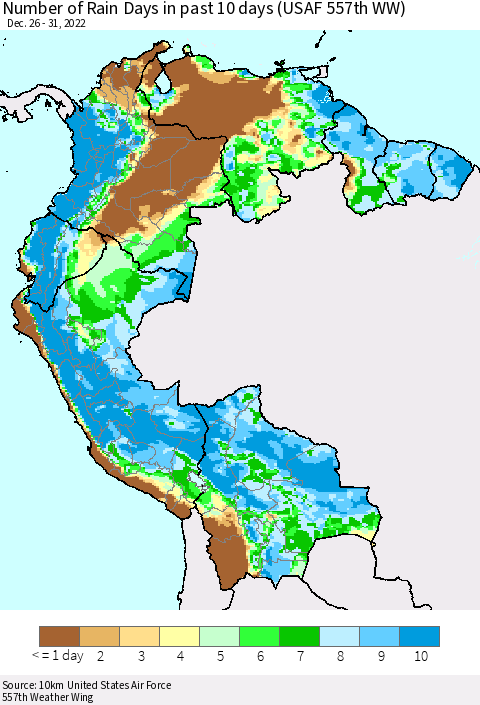 Northern South America Number of Rain Days in past 10 days (USAF 557th WW) Thematic Map For 12/26/2022 - 12/31/2022