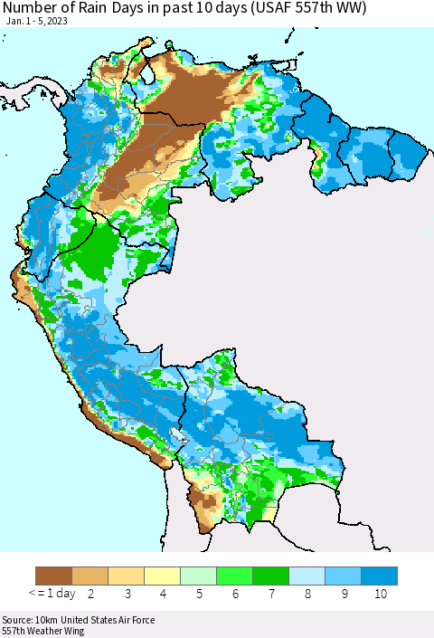 Northern South America Number of Rain Days in past 10 days (USAF 557th WW) Thematic Map For 1/1/2023 - 1/5/2023