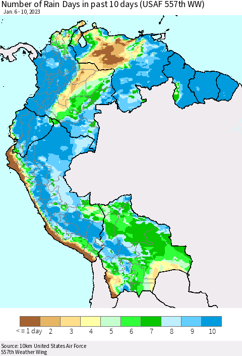 Northern South America Number of Rain Days in past 10 days (USAF 557th WW) Thematic Map For 1/6/2023 - 1/10/2023