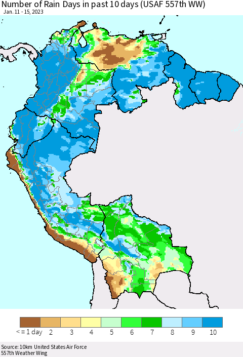 Northern South America Number of Rain Days in past 10 days (USAF 557th WW) Thematic Map For 1/11/2023 - 1/15/2023
