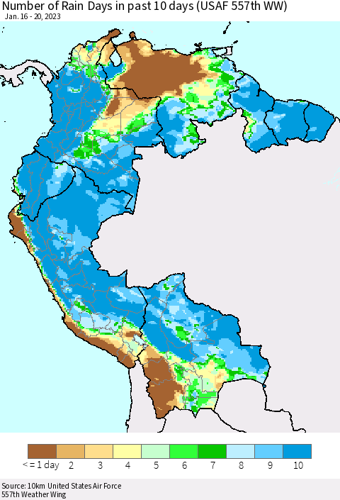 Northern South America Number of Rain Days in past 10 days (USAF 557th WW) Thematic Map For 1/16/2023 - 1/20/2023