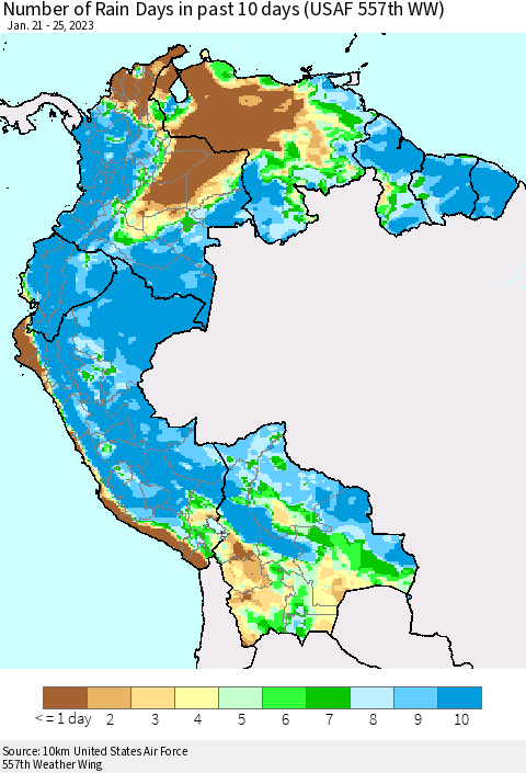 Northern South America Number of Rain Days in past 10 days (USAF 557th WW) Thematic Map For 1/21/2023 - 1/25/2023
