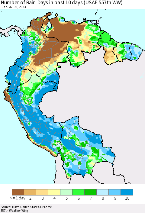 Northern South America Number of Rain Days in past 10 days (USAF 557th WW) Thematic Map For 1/26/2023 - 1/31/2023