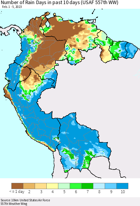 Northern South America Number of Rain Days in past 10 days (USAF 557th WW) Thematic Map For 2/1/2023 - 2/5/2023
