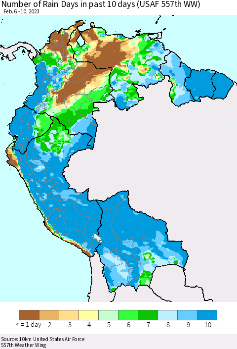 Northern South America Number of Rain Days in past 10 days (USAF 557th WW) Thematic Map For 2/6/2023 - 2/10/2023
