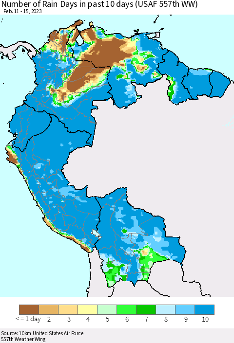 Northern South America Number of Rain Days in past 10 days (USAF 557th WW) Thematic Map For 2/11/2023 - 2/15/2023