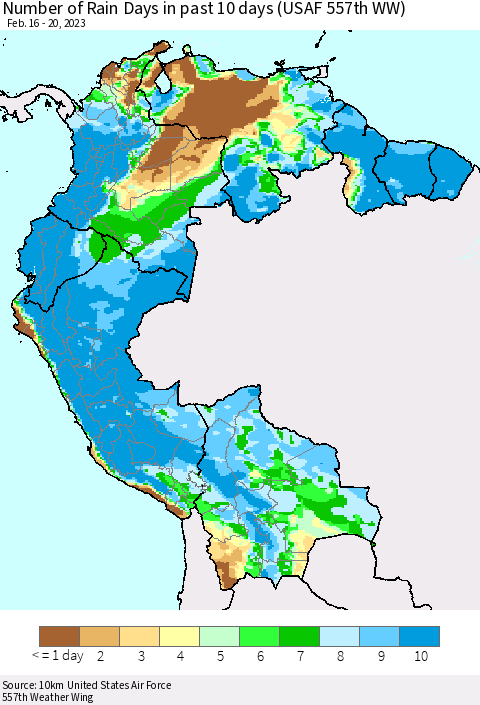 Northern South America Number of Rain Days in past 10 days (USAF 557th WW) Thematic Map For 2/16/2023 - 2/20/2023
