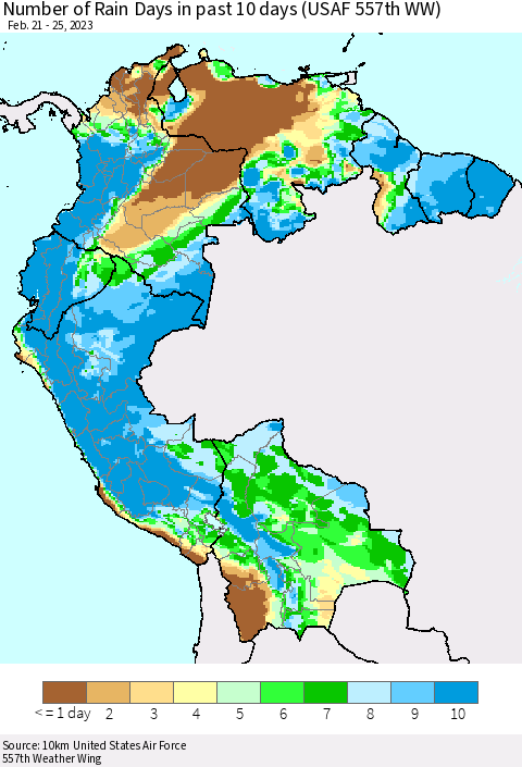 Northern South America Number of Rain Days in past 10 days (USAF 557th WW) Thematic Map For 2/21/2023 - 2/25/2023